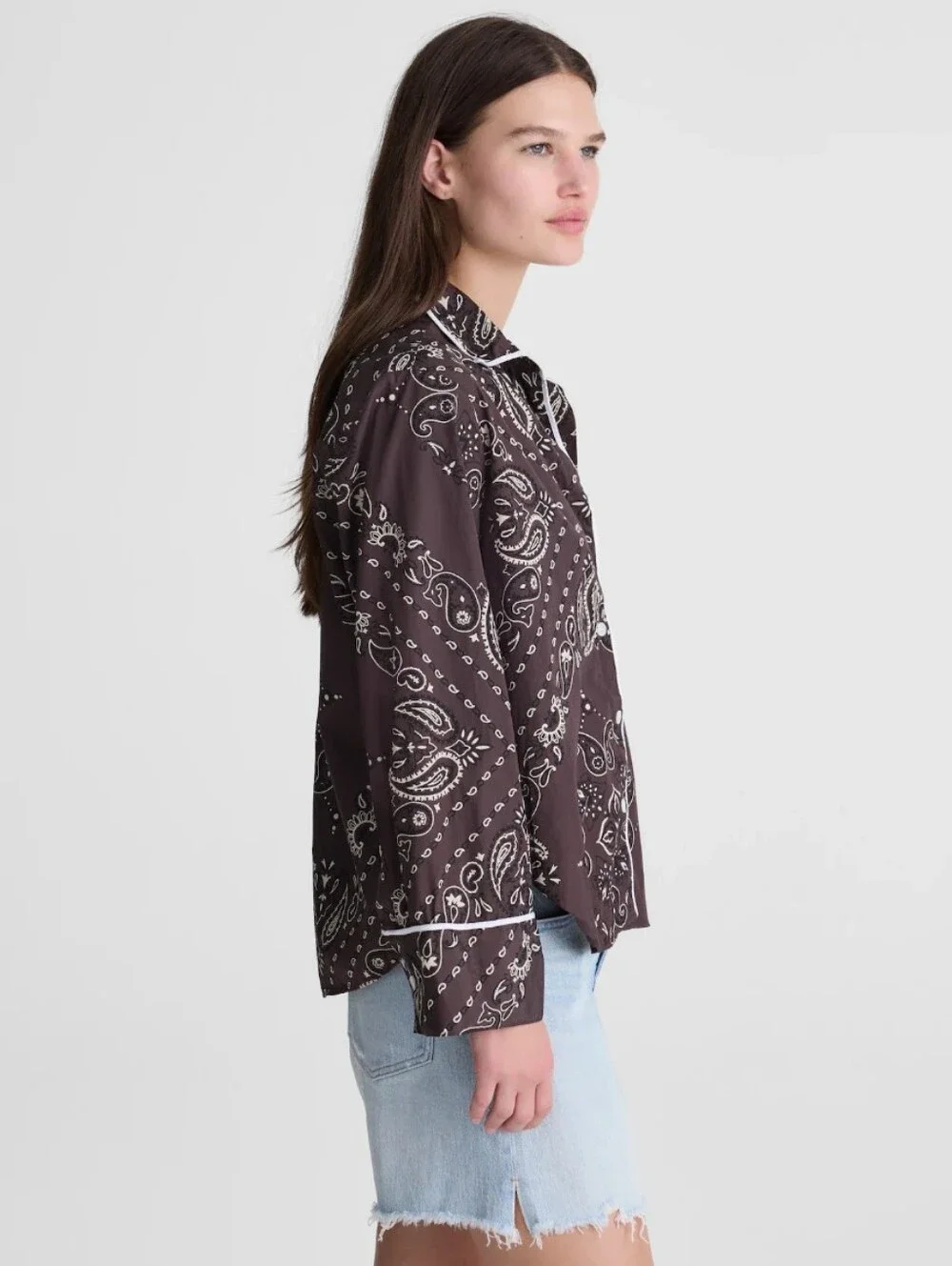 Madewell The Signature Y-Neck Shirt in Poplin NZ678 Size S Brown And White